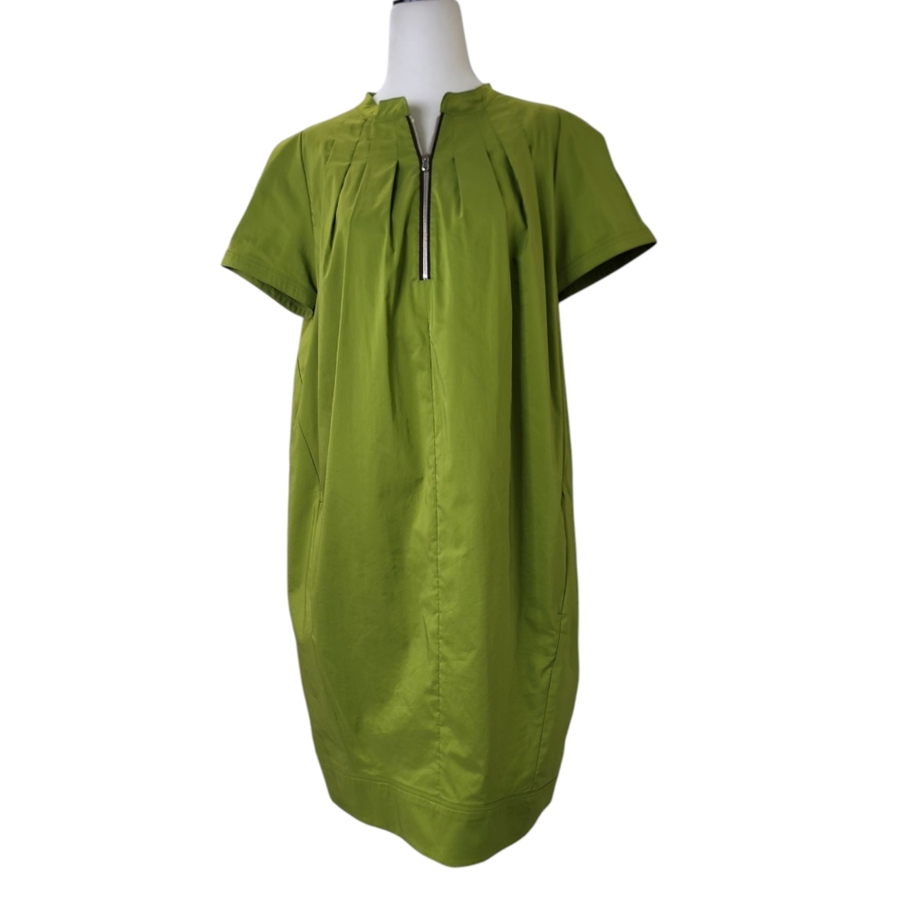 Olive Green Short-Sleeve Shift Dress with Zip Detail